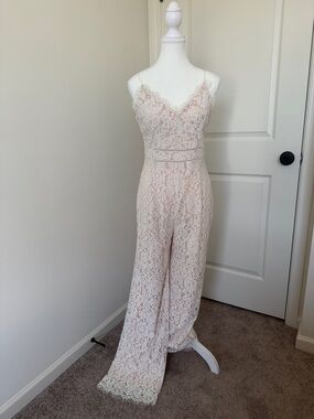 Luxe Lace Spaghetti-Strap Jumpsuit in Nude/White Lace